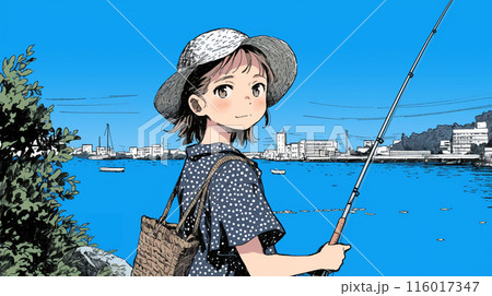 釣りをしている若い女性