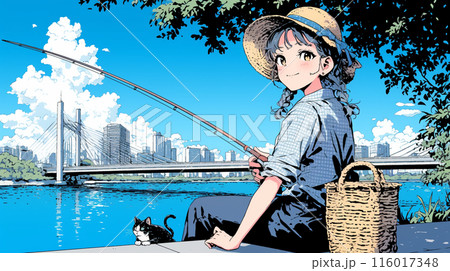釣りをしている若い女性