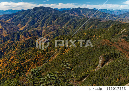 甲武信岳山頂から見る秋色の奥秩父主稜線と南アルプスの山並み 116017358