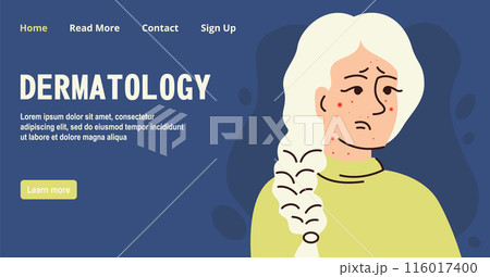 Girl with dermatology problem banner. Cartoon scene skin problem isolated on white background. Girl with dermatology problem banner. Cartoon scene skin problem isolated on white background. 116017400