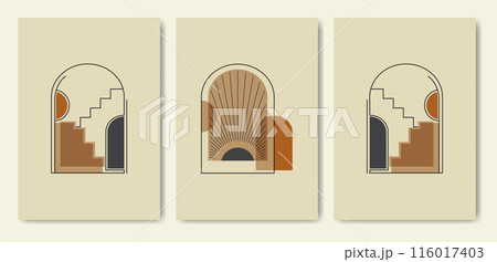 Burnt orange terracotta colors balancing shapes poster set. Minimalist aesthetic terracotta colors illustration Burnt orange terracotta colors balancing shapes poster set. Minimalist aesthetic terracotta colors illustration 116017403