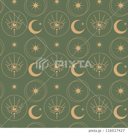 Witchcraft pattern mystical esoteric background. Minimalistic vector tribal art made in the style of one line 116017427