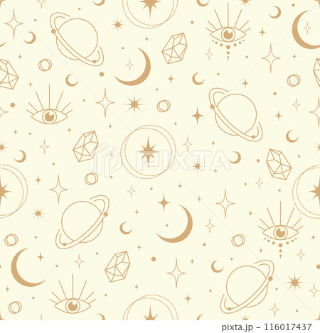 Hand drawn seamless pattern of mystic elements. Sun, Moon, star and eye line art 2d style. Celestial vector 116017437