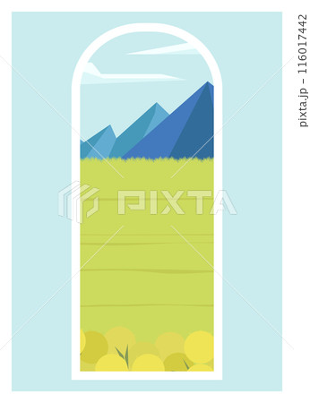 Rural landscape with spring meadow view. Mountains with clouds. Alpine dandelion field 116017442
