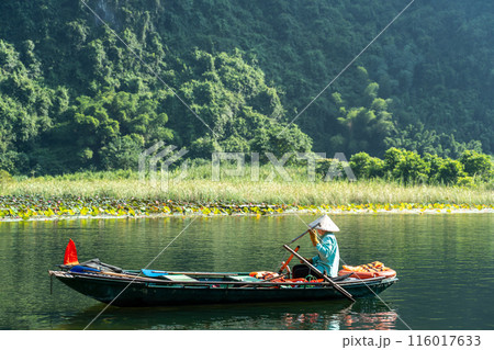 ベトナムハノイ 渓谷の川を手漕ぎのボートで進むニンビンのボートツアーの漕ぎ手 ベトナムハノイ 渓谷の川を手漕ぎのボートで進むニンビンのボートツアーの漕ぎ手 116017633