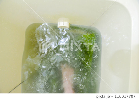 浴槽でラグマットの洗濯　踏み洗い 116017707