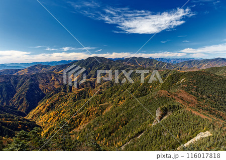 甲武信岳山頂から見る秋色の奥秩父主稜線と南アルプス・中央アルプスの山並み 116017818
