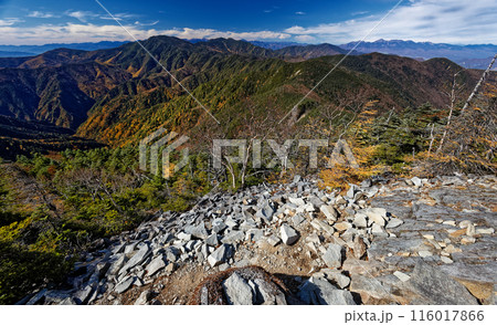 甲武信岳山頂から見る秋色の奥秩父主稜線と南アルプス・八ヶ岳の山並み 116017866