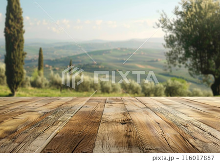 Province mockup desktop with italian country background. Summer wooden old rustic display place for copyspace product. Empty board tabletop for ads. Advertise mock up decoration 116017887