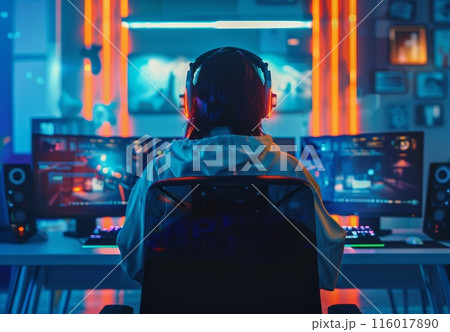 Gamer girl in sitting at computer and play video game. Teenager female character in headphones. Young woman live streaming. Neon monitor and gaming 116017890