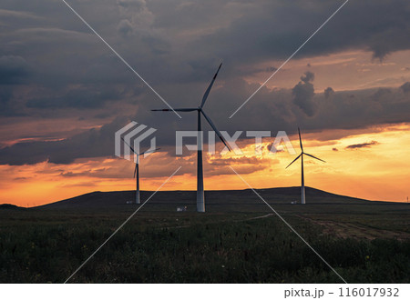 Multiple wind turbines silhouetted against a vibrant sunset sky. The turbines stand tall against the backdrop of orange and red clouds. 116017932