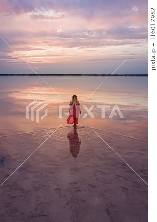Aerial of a young woman in red dress walking in the water of a unique pink salt lake. Sunset at lake Bursol with beautiful reflections on calm water surface. Stunning scenery Aerial of a young woman in red dress walking in the water of a unique pink salt lake. Sunset at lake Bursol with beautiful reflections on calm water surface. Stunning scenery 116017982