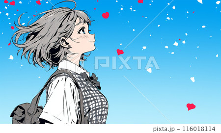 高校の制服を着た女性が希望を持って上を向いている横顔