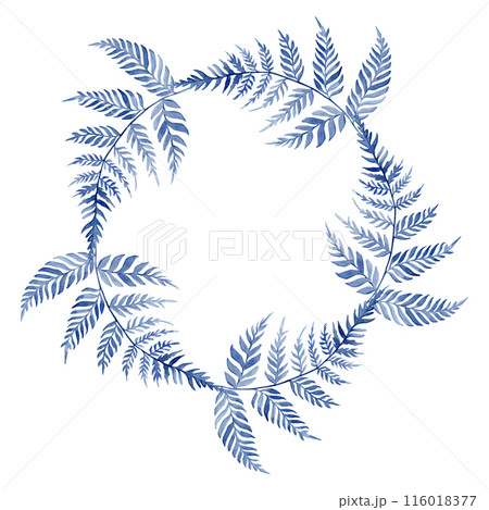 Circular frame with blue fern branches on the white background. Watercolor illustration 116018377