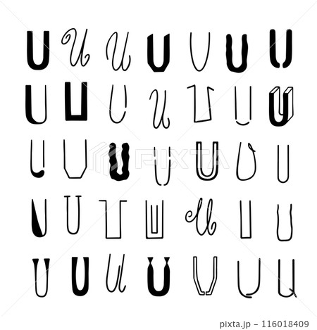Set of letters U in different styles. Hand drawn lettering. 116018409
