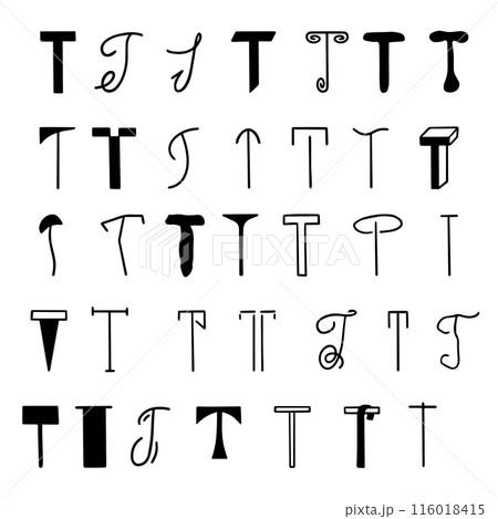 Set of letters T in different styles. Hand drawn lettering. 116018415