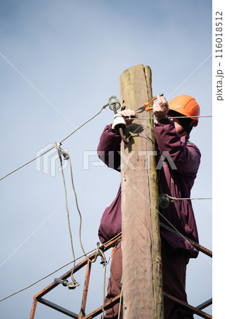 A male electrical worker repairs an electrical transmission line. A male electrical worker repairs an electrical transmission line. 116018512
