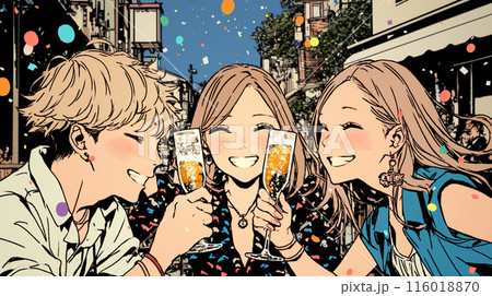 野外の飲み会で乾杯する若者たち