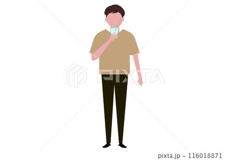 テイクアウトカップのドリンクを飲む男性。飲み物を持ちながら歩く。ベクターイラスト	 116018871