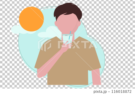 男人在夏天喝水是為了保持水分。外帶飲料。稻草。向量圖 男人在夏天喝水是為了保持水分。外帶飲料。稻草。向量圖 116018872