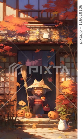 A girl at a Quaint Japanese Farmhouse with Ancestral Spirits in Autumn 116019106