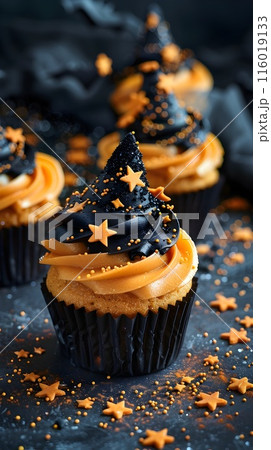 Bewitching Halloween Cupcakes with Spooky Starry Night Backdrop for Haunting Seasonal 116019133