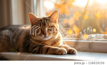 Cozy Tabby Cat Basking in Sunlit Window Sill 116019150