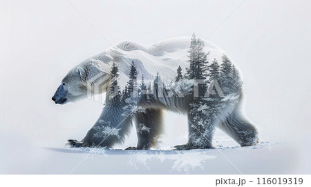 AI-generated item. Double exposure of polar bear and winter forest on white background. 116019319