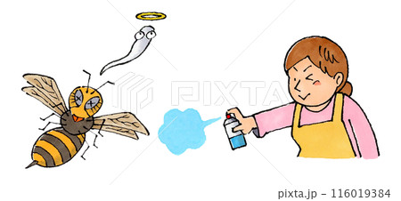 スズメバチに殺虫剤を使う主婦 スズメバチに殺虫剤を使う主婦 116019384