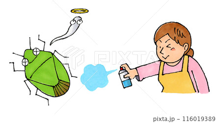 カメムシに殺虫剤を使う主婦 116019389