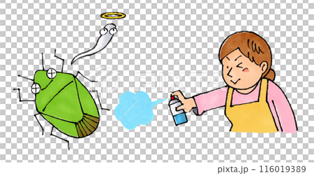 カメムシに殺虫剤を使う主婦 116019389