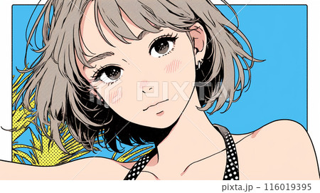 夏空とビキニを着た女性