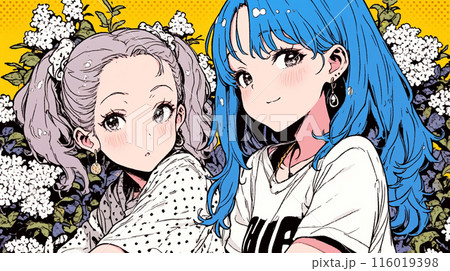 夏休み、女友達同士で花壇の前でおしゃべりしている女学生