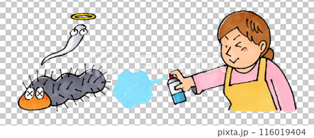 家庭主婦使用殺蟲劑消滅毛毛蟲 家庭主婦使用殺蟲劑消滅毛毛蟲 116019404