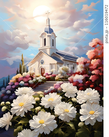 Christian Church with white poppies. 116019472