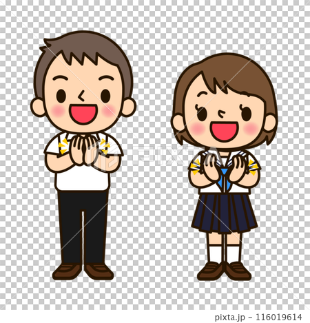 男子和女子在學校制服鼓掌 男子和女子在學校制服鼓掌 116019614