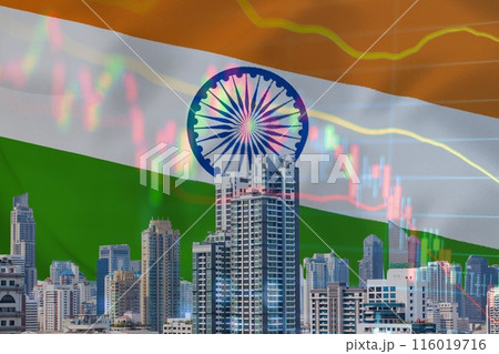 growth and recession stock. Featuring a skyline of skyscrapers symbolizing Real estate development and economic challenges, with the Indian flag as the backdrop 116019716