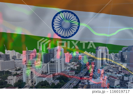 growth and recession stock. Featuring a skyline of skyscrapers symbolizing Real estate development and economic challenges, with the Indian flag as the backdrop growth and recession stock. Featuring a skyline of skyscrapers symbolizing Real estate development and economic challenges, with the Indian flag as the backdrop 116019717