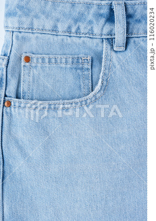 Front pocket and small pocket blue jeans pants close up, macro 116020234