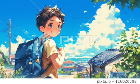 アニメの小さな男の子がランドセルを背負って学校に行く 116020388