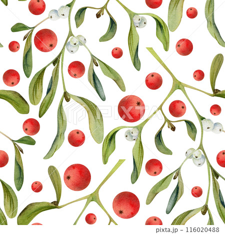 Mistletoe branches with green leaves, red and white berries. Watercolor hand drawn illustration, seamless pattern isolated on white. Xmas, happy new year festive, noel navidad. Print paper, textile Mistletoe branches with green leaves, red and white berries. Watercolor hand drawn illustration, seamless pattern isolated on white. Xmas, happy new year festive, noel navidad. Print paper, textile 116020488