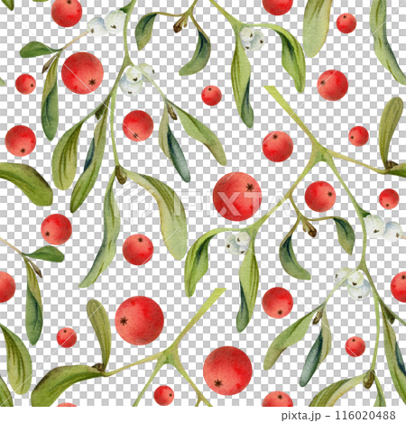 Mistletoe branches with green leaves, red and white berries. Watercolor hand drawn illustration, seamless pattern isolated on white. Xmas, happy new year festive, noel navidad. Print paper, textile Mistletoe branches with green leaves, red and white berries. Watercolor hand drawn illustration, seamless pattern isolated on white. Xmas, happy new year festive, noel navidad. Print paper, textile 116020488