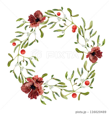 Mistletoe branches leaves berries, poppy anemone flower. Watercolor hand drawn illustration, wreath frame isolated on white. Xmas, happy new year festive, noel navidad. Print paper, textile fabric Mistletoe branches leaves berries, poppy anemone flower. Watercolor hand drawn illustration, wreath frame isolated on white. Xmas, happy new year festive, noel navidad. Print paper, textile fabric 116020489