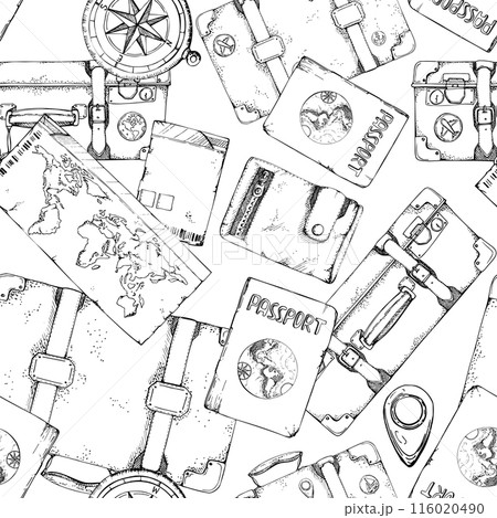 Vintage retro luggage suitcases, compass wallet passport id document, tickets cotton flower. Vector ink hand drawn art. Seamless pattern. Design for tourism, travel, brochure, wedding, guide, print. Vintage retro luggage suitcases, compass wallet passport id document, tickets cotton flower. Vector ink hand drawn art. Seamless pattern. Design for tourism, travel, brochure, wedding, guide, print. 116020490