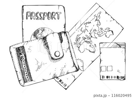 Old leather vintage wallet bag, world passport id document, ticket coupon permit. Vector ink hand drawn retro illustration. Design for tourism, travel, brochure, wedding, guide, print, card tattoo. 116020495