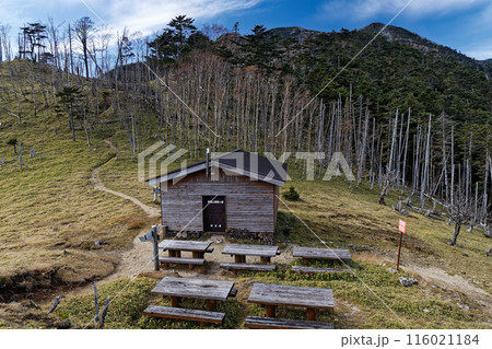 奥秩父縦走路・笹平避難小屋と木賊山の眺め 116021184