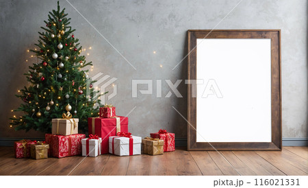 A beautifully decorated Christmas tree with twinkling lights and ornaments, surrounded by neatly wrapped presents in a cozy living room. A beautifully decorated Christmas tree with twinkling lights and ornaments, surrounded by neatly wrapped presents in a cozy living room. 116021331