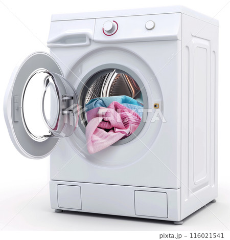 Front-loading washer with mixed color laundry visible through the open door isolated on the white background. Ideal for advertising laundry appliances and home care products. 116021541