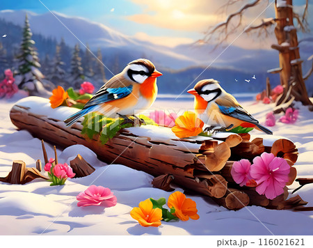 Rotting log and beautiful little birds in winter. 116021621