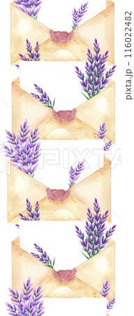 Hand drawn watercolor letter with lavender flowers seamless vertical border isolated on white background. Can be used for textile, tape and other printed products. 116022482